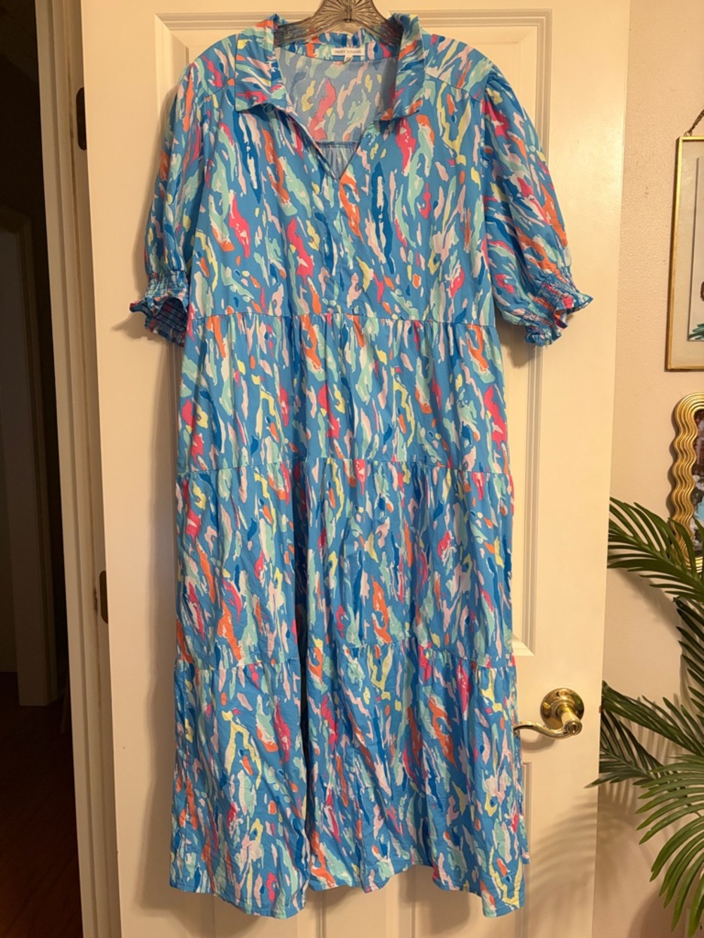 Bright Blue Abstract Print Tiered Midi Dress